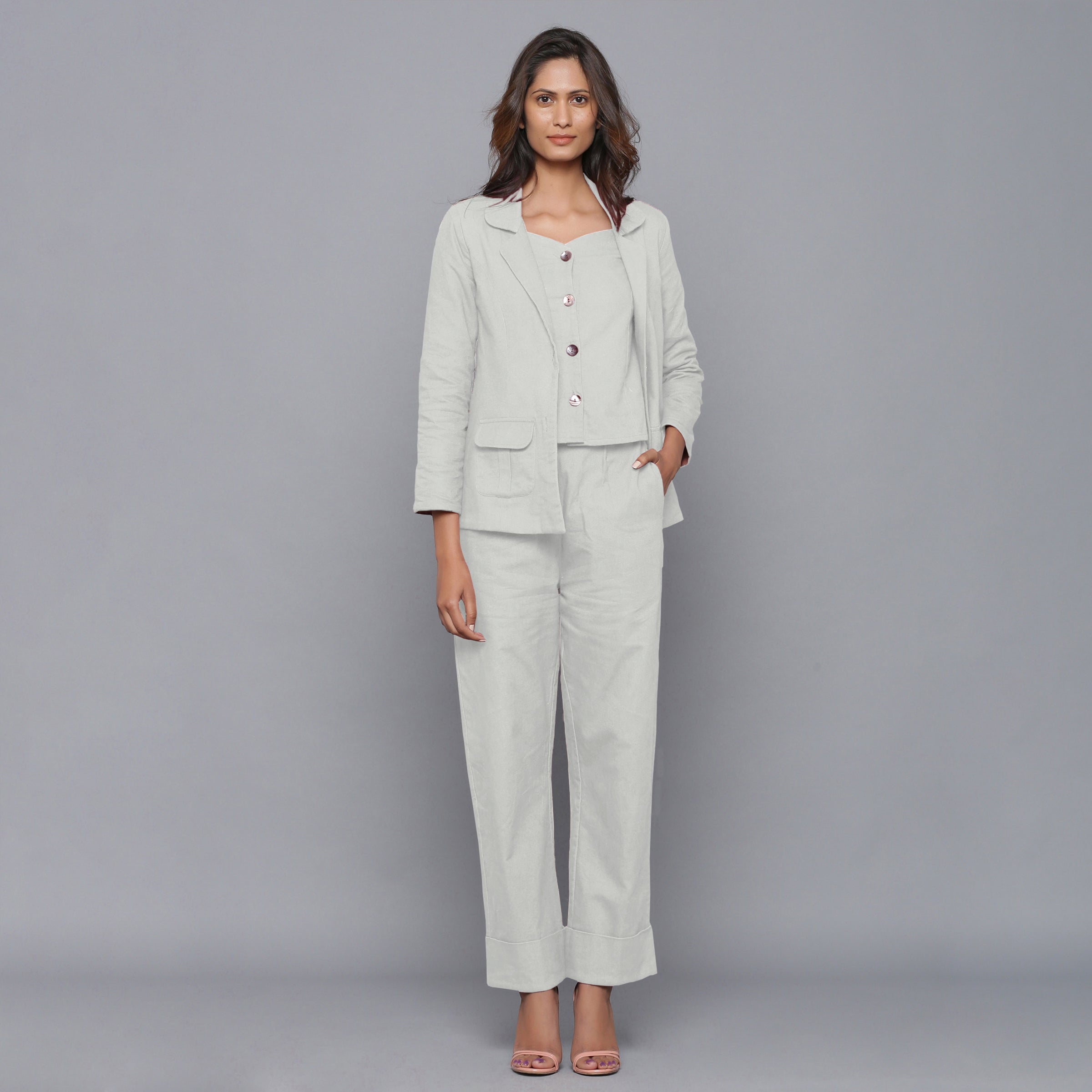 Front View of a Model wearing Cloudy Grey Flannel Rolled-Up Straight Pant