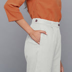 Right View of a Model wearing Cloudy Grey Flannel Rolled-Up Straight Pant
