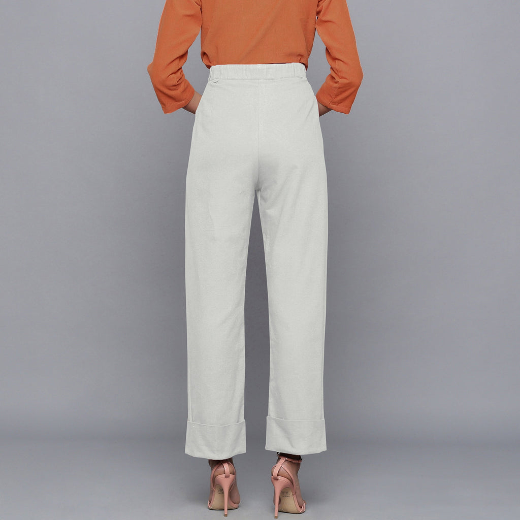 Back View of a Model wearing Cloudy Grey Flannel Rolled-Up Straight Pant