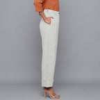 Right View of a Model wearing Cloudy Grey Flannel Rolled-Up Straight Pant