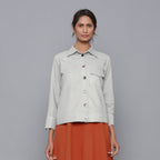 Front View of a Model wearing Cloudy Grey Flannel Short Jacket