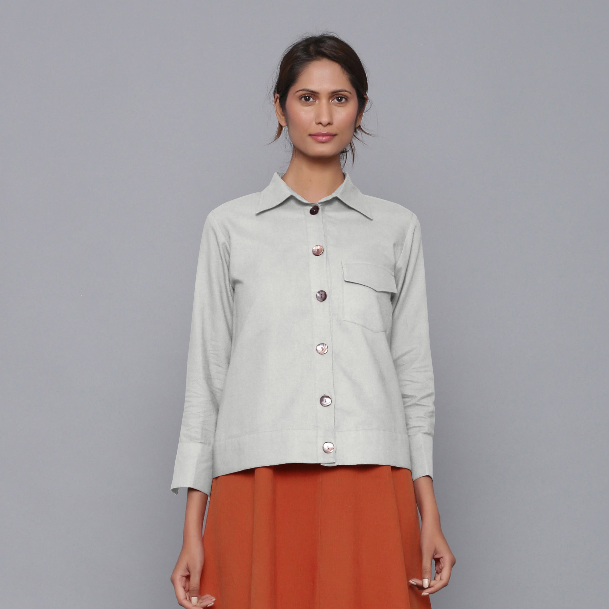 Front View of a Model wearing Cloudy Grey Flannel Short Jacket