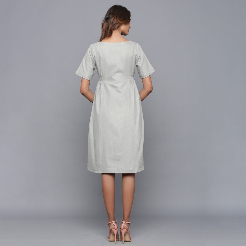 Back View of a Model wearing Cloudy Grey Paneled Cotton Flannel Dress