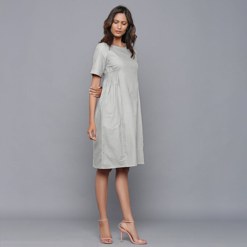 Right View of a Model wearing Cloudy Grey Paneled Cotton Flannel Dress