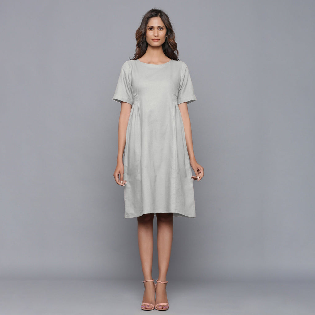Front View of a Model wearing Cloudy Grey Paneled Cotton Flannel Dress