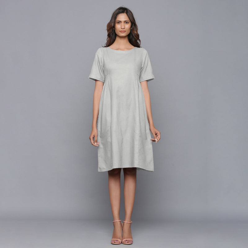 Front View of a Model wearing Cloudy Grey Paneled Cotton Flannel Dress