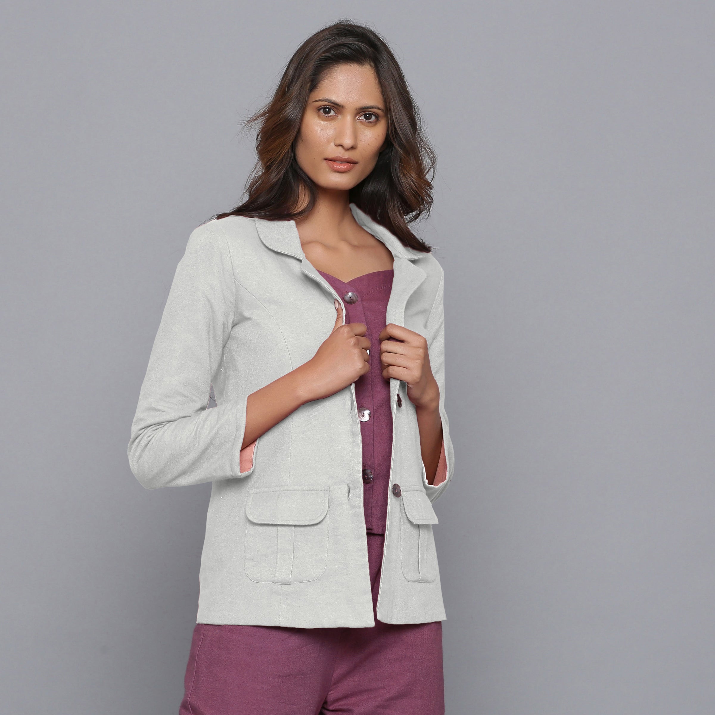 Right View of a Model wearing Cloudy Grey Slim Fit Flannel Blazer