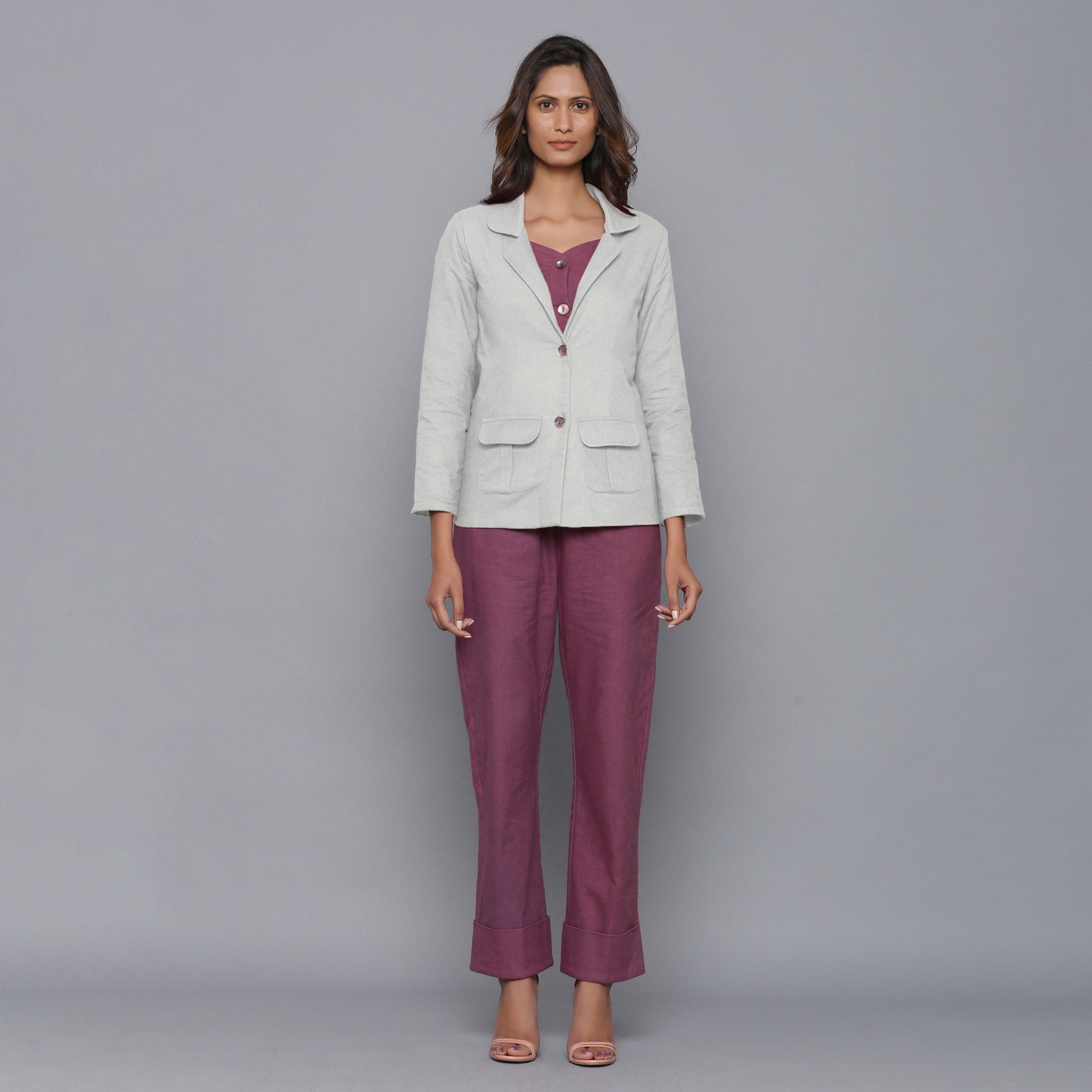 Front View of a Model wearing Cloudy Grey Slim Fit Flannel Blazer