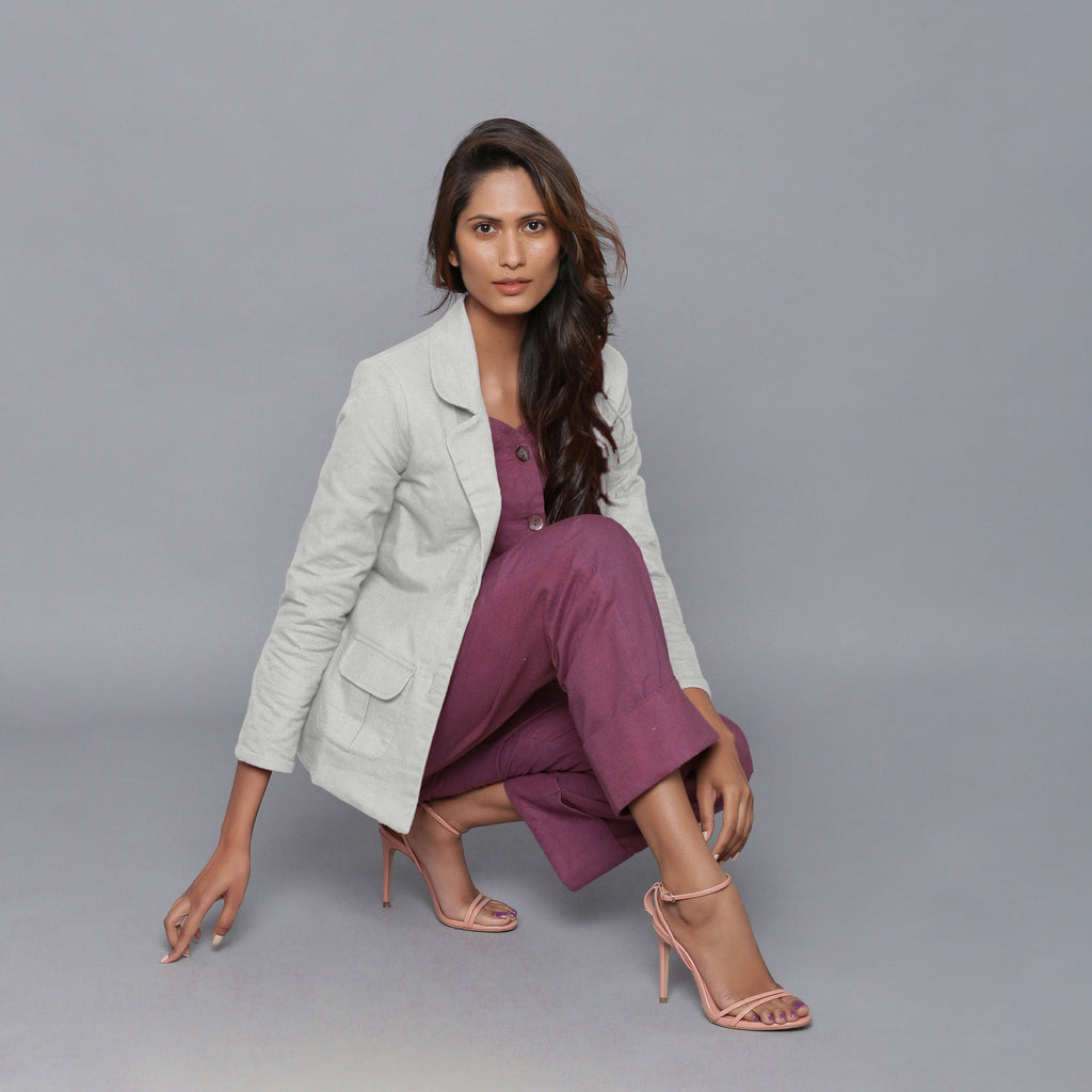 Front View of a Model wearing Cloudy Grey Slim Fit Flannel Blazer