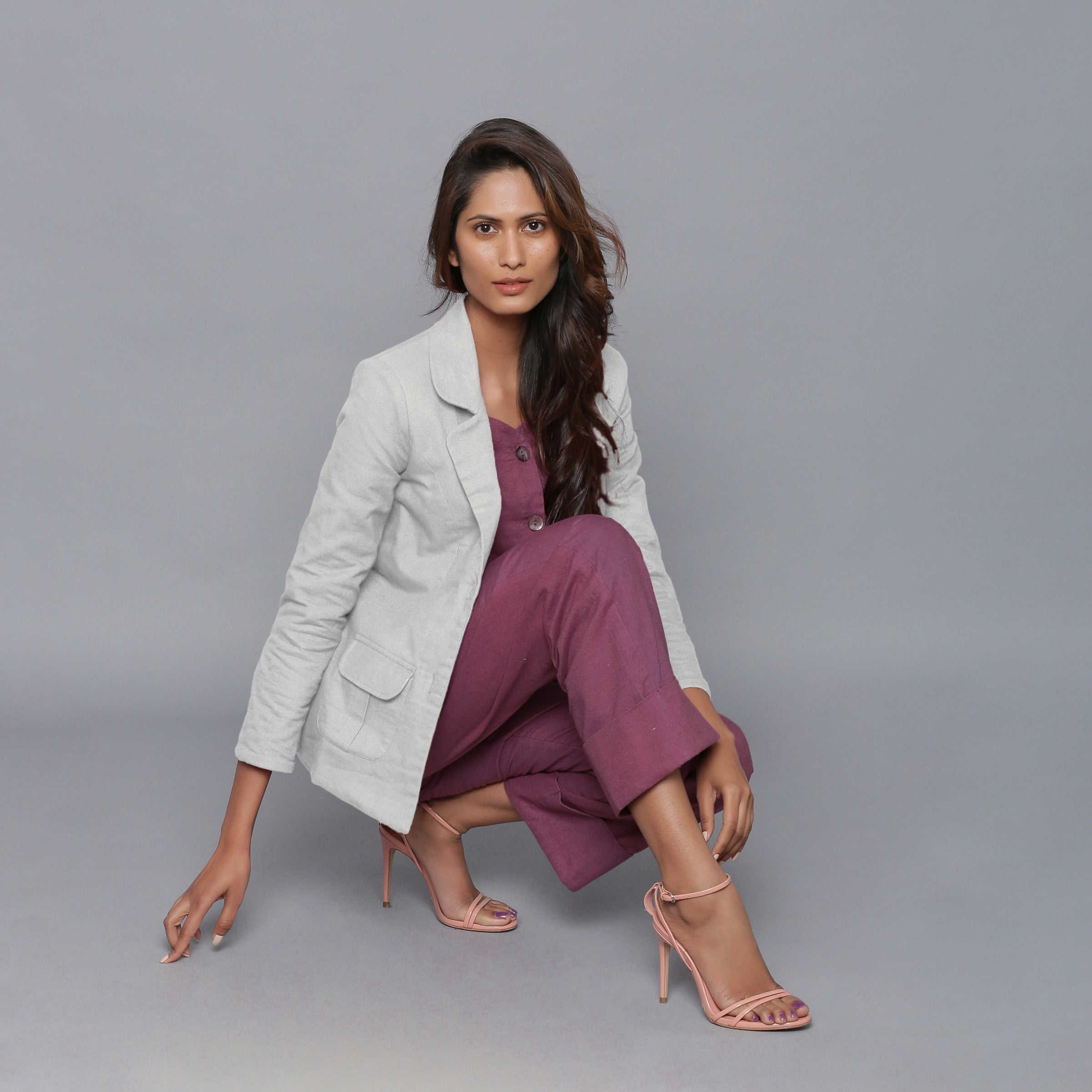 Front View of a Model wearing Cloudy Grey Slim Fit Flannel Blazer