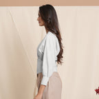 Left View of a Model wearing Cloudy Grey Striped Surplice Neck Blouson Top