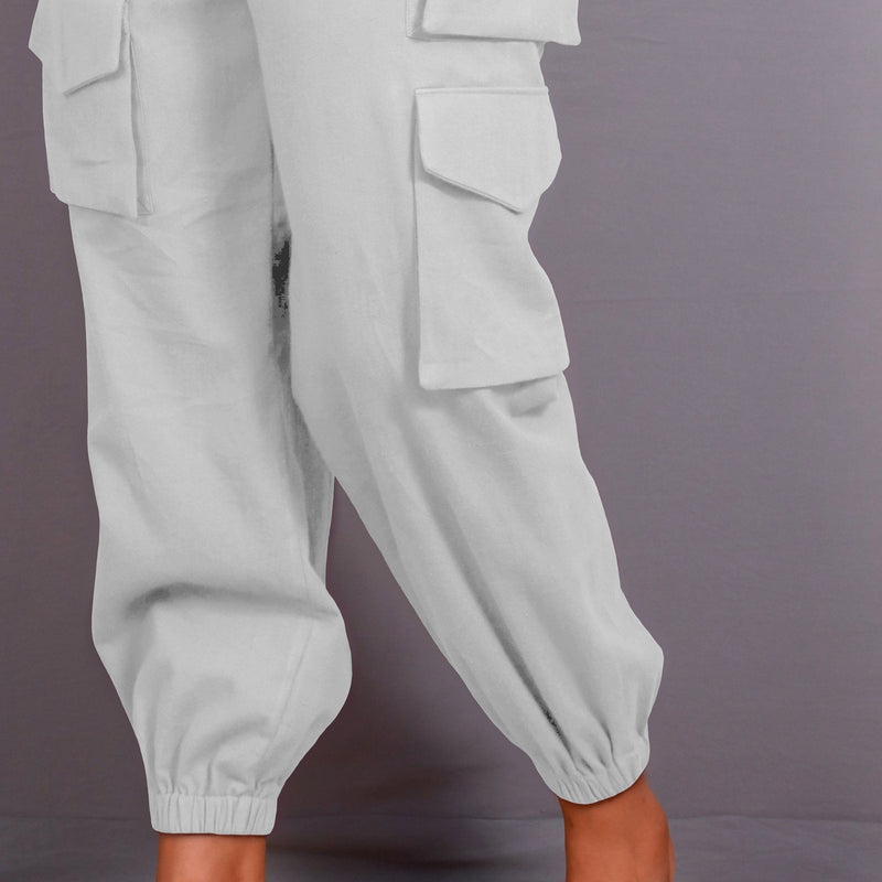 Cloudy Grey Warm Cotton Flannel Elasticated Cargo Jogger Pant