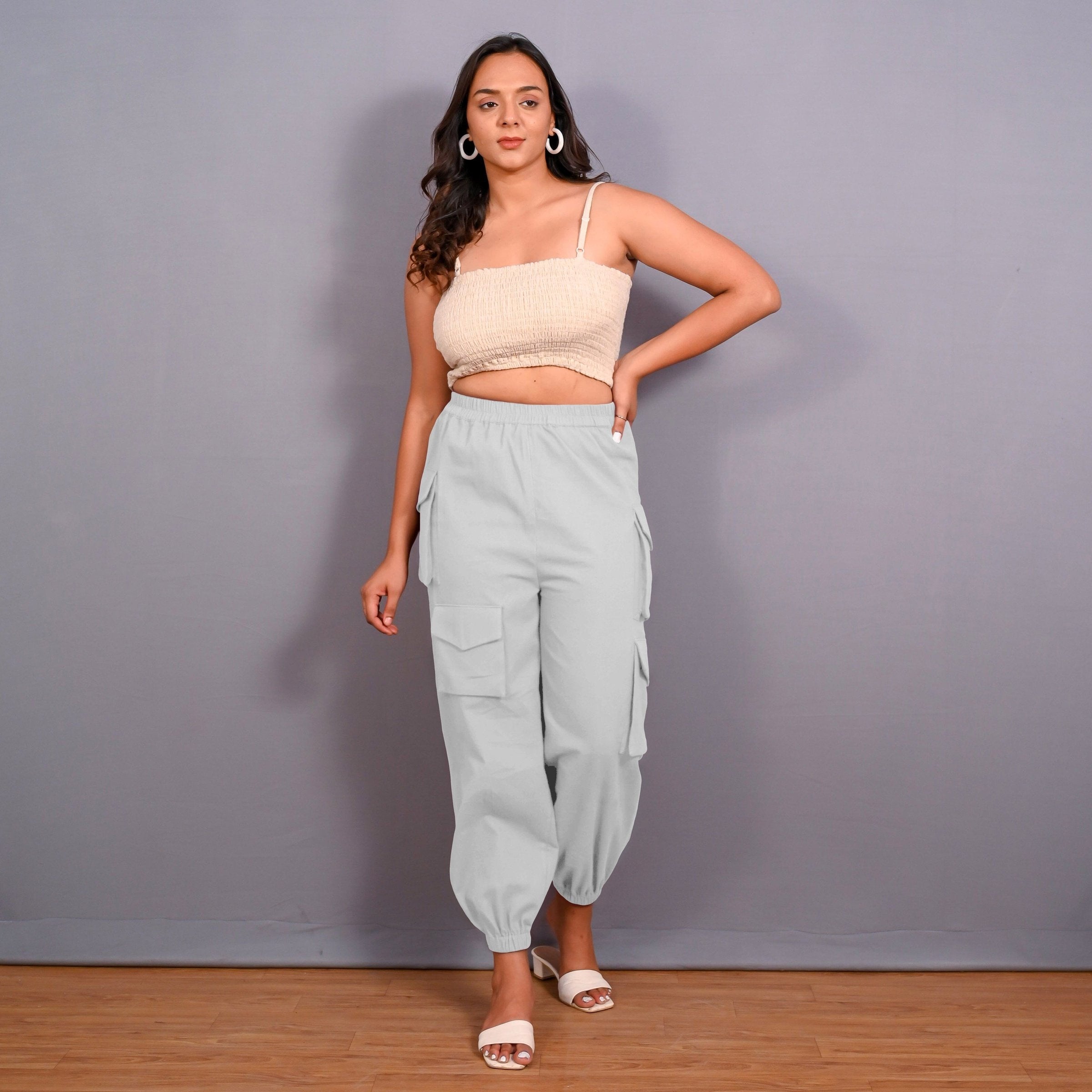 Cloudy Grey Warm Cotton Flannel Elasticated Cargo Jogger Pant
