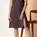 Front Detail of a Model wearing Cocoa Brown Cotton Flax Strappy Slit Dress