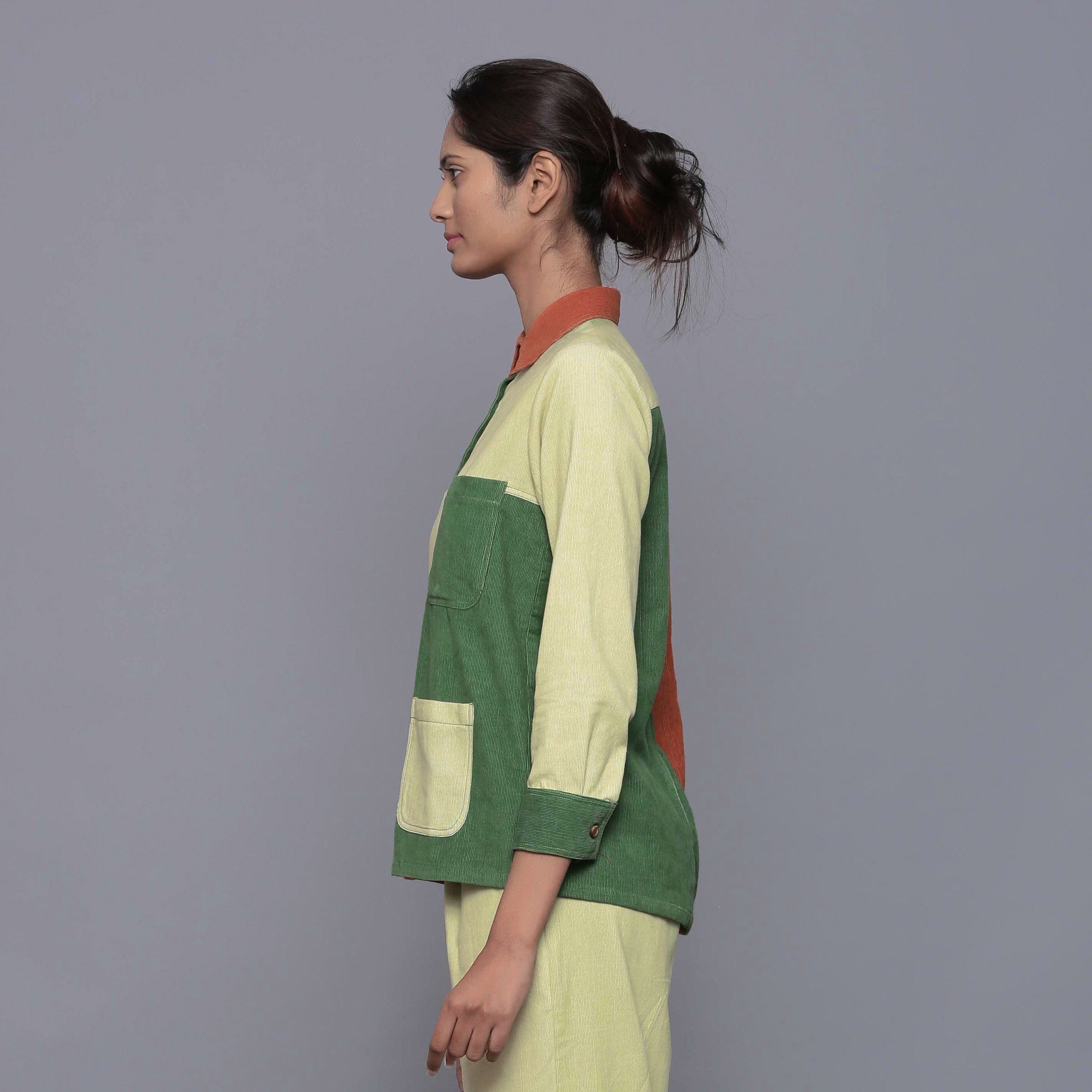 Left View of a Model wearing Color-Blocked Cotton Corduroy Shirt