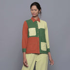 Front View of a Model wearing Color-Blocked Cotton Corduroy Shirt