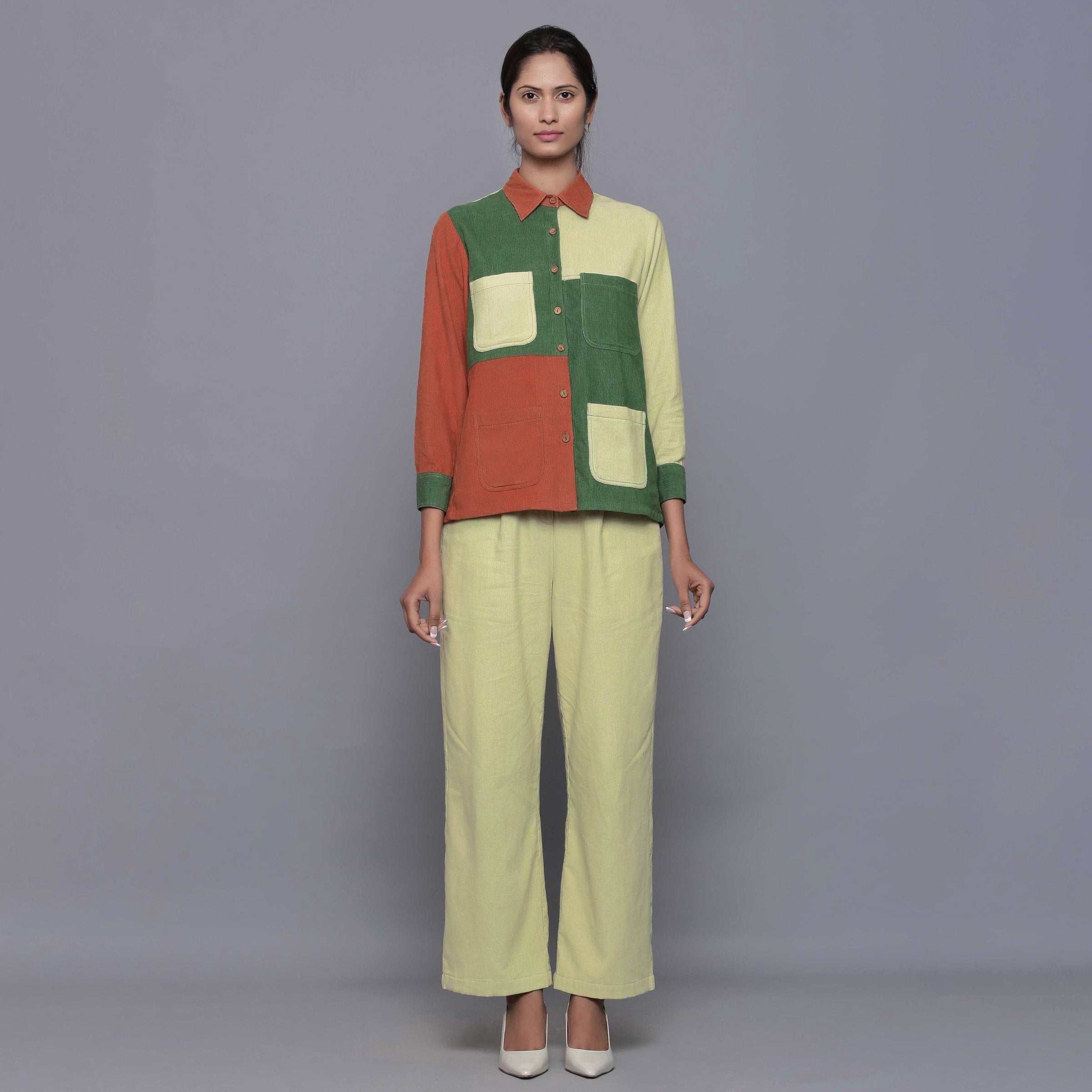 Front View of a Model wearing Color-Blocked Cotton Corduroy Shirt