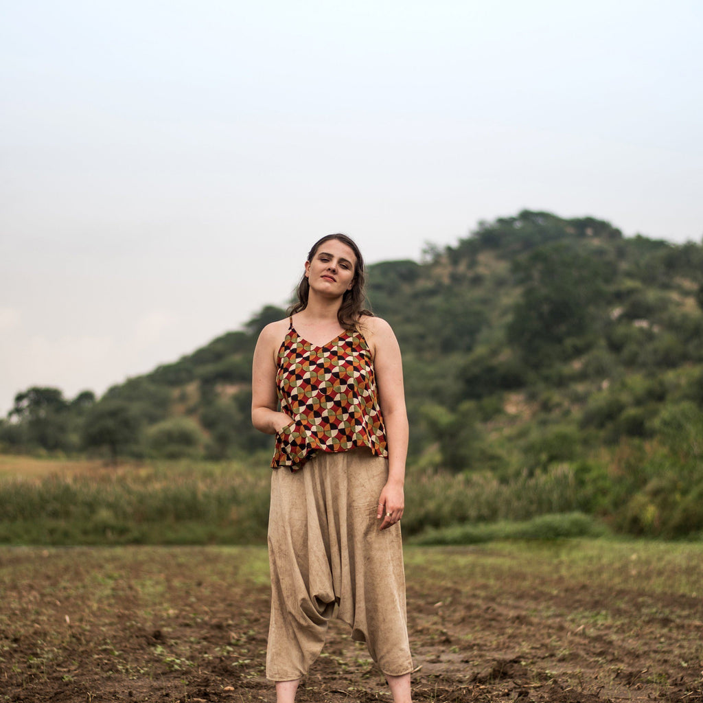 Front View of a Model wearing Dabu Print Hand Embroidered Zouave Pant