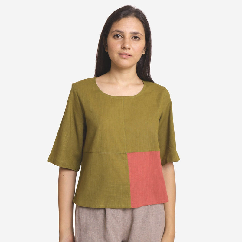 Front View of a Model wearing Khaki Green and Brick Red Relaxed Fit Top