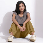 Front View of a Model wearing Comfy Olive Green Cotton Waffle Jogger Pants