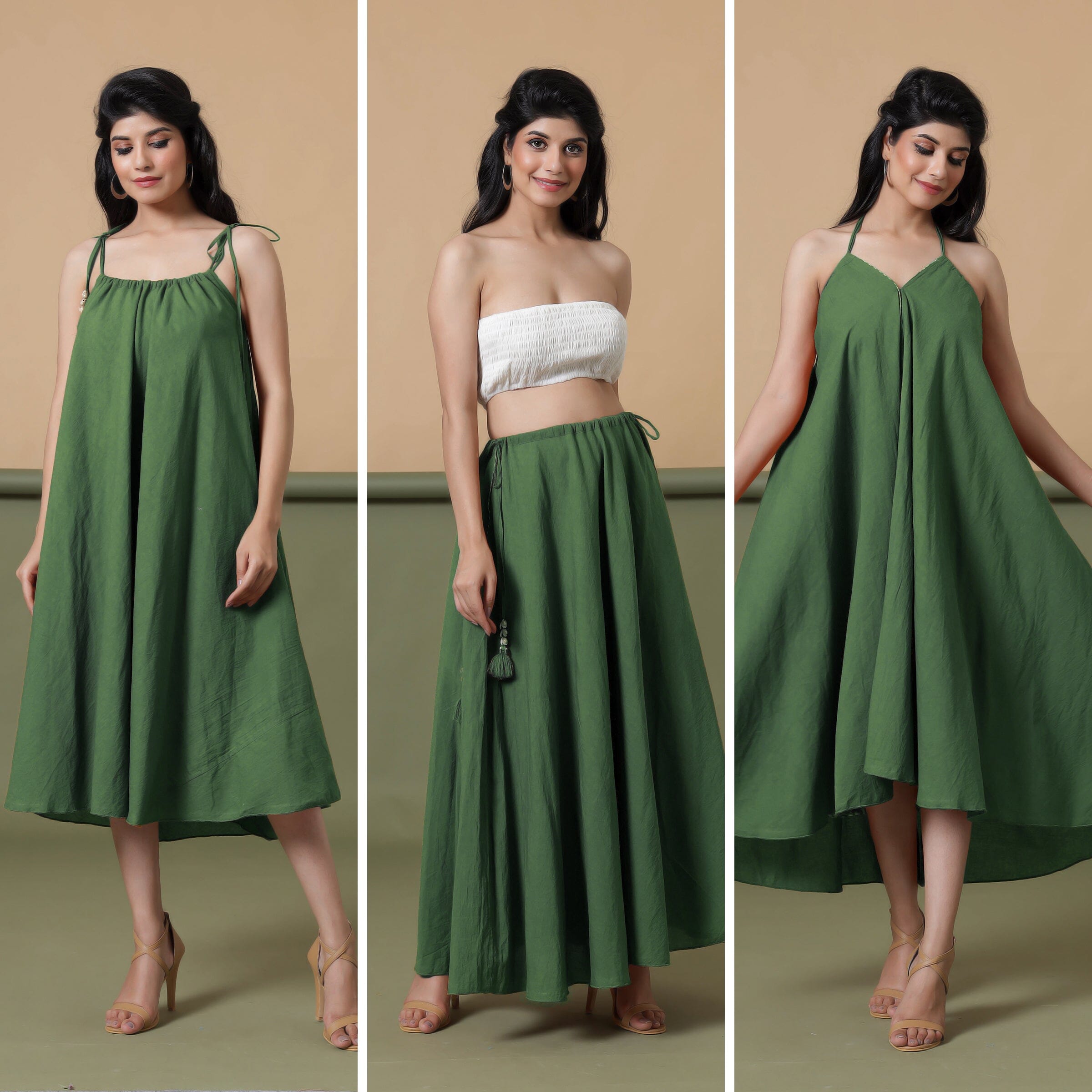 Convertible 3-Way Forest Green Cotton Skirt Dress