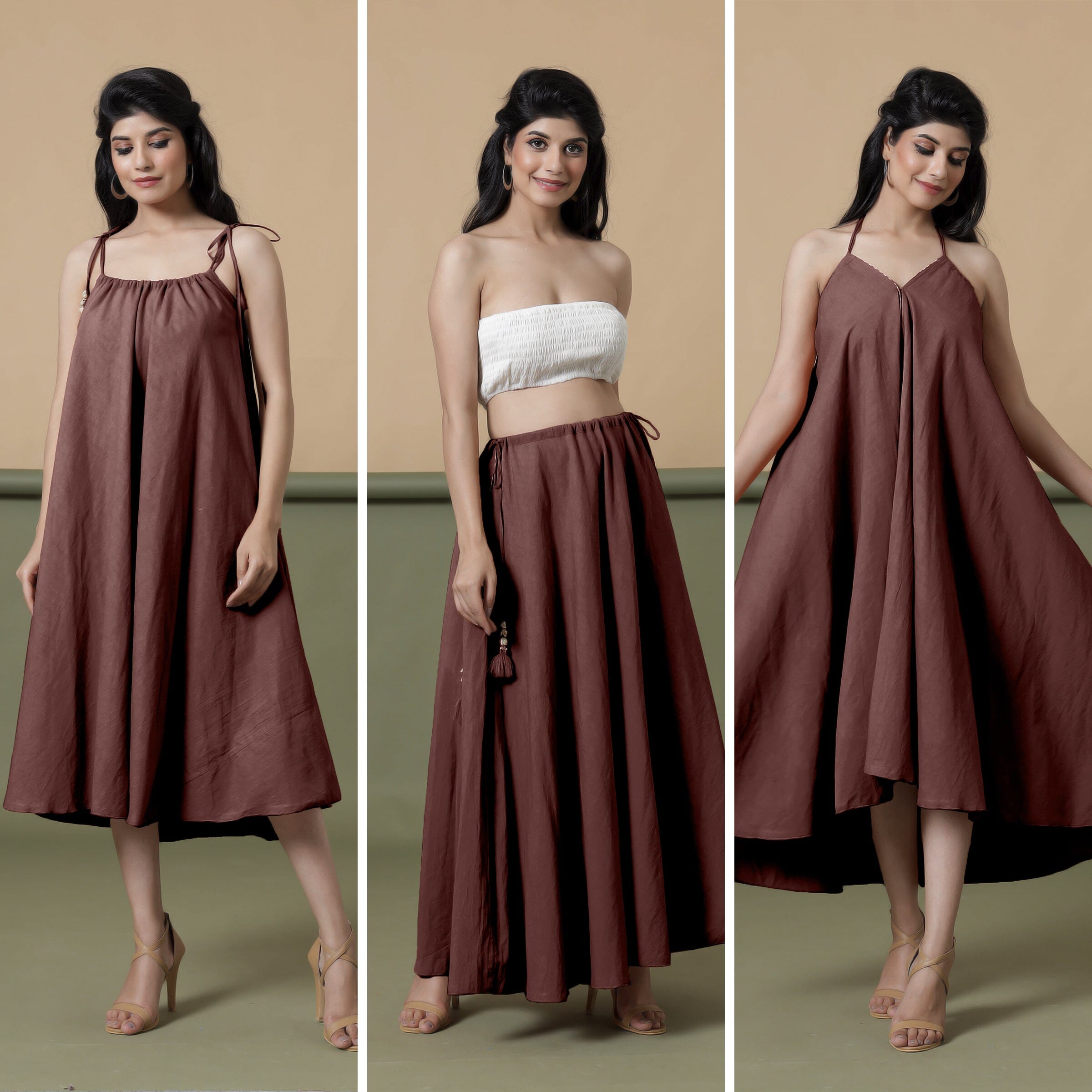 Convertible 3-Way Maroon Cotton Skirt Dress