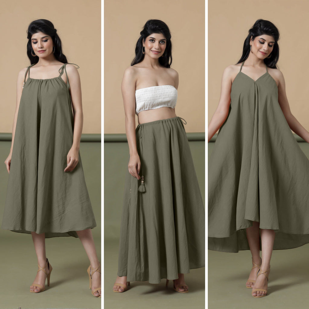 Convertible 3-Way Sage Green Cotton Skirt Dress