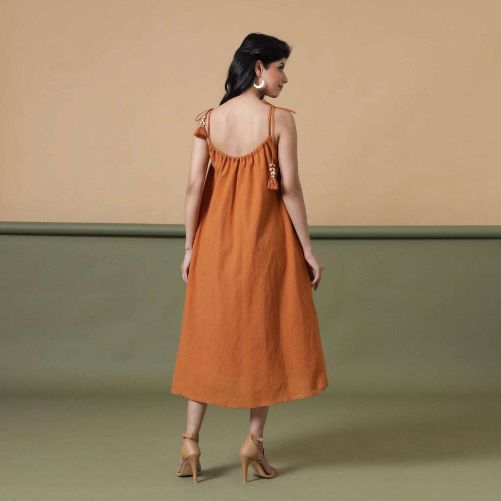 Back View of a Model wearing Convertible 6-Way Rust Sandstone Tie-Dye Cotton Skirt Dress