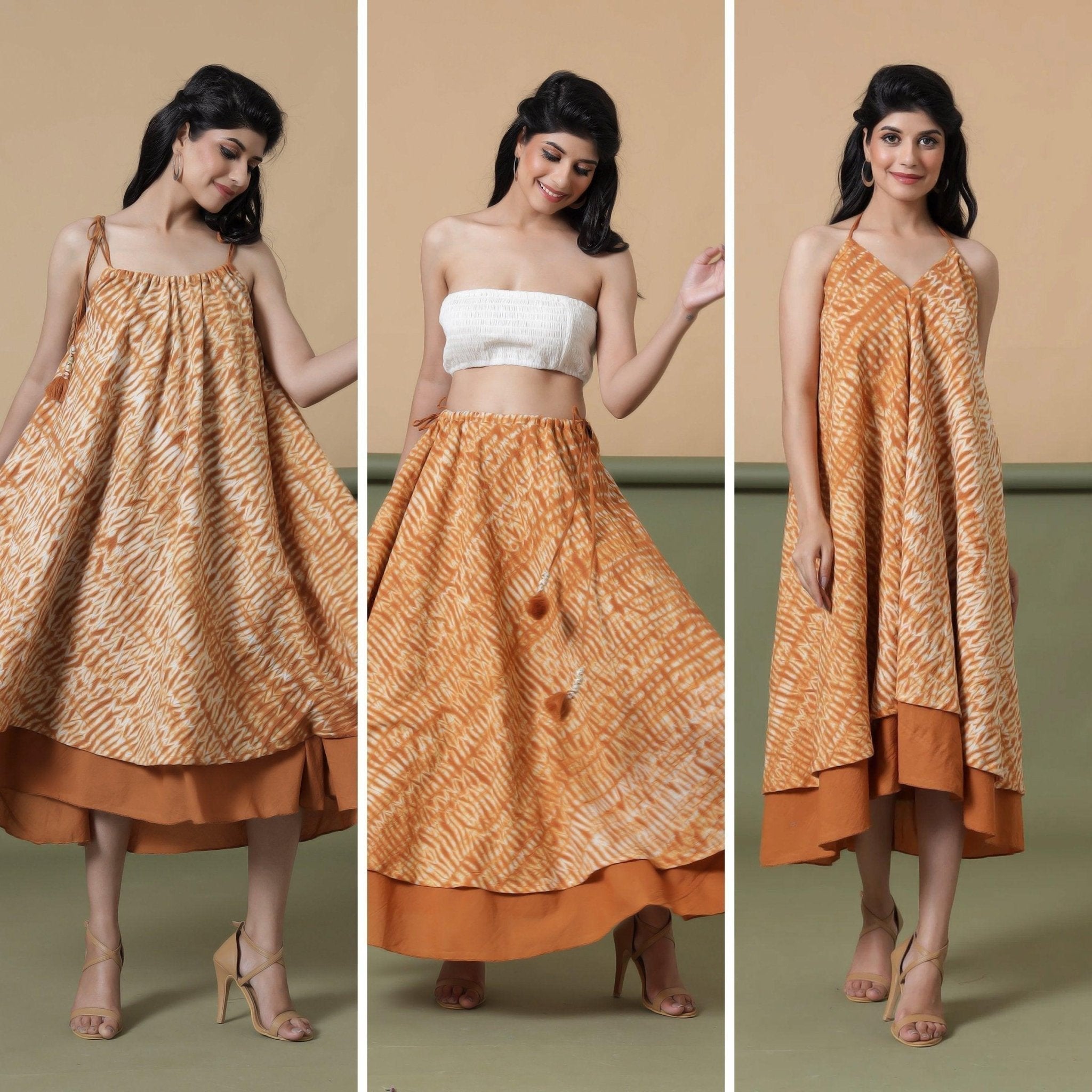 Front View of a Model wearing Convertible 6-Way Rust Sandstone Tie-Dye Cotton Skirt Dress