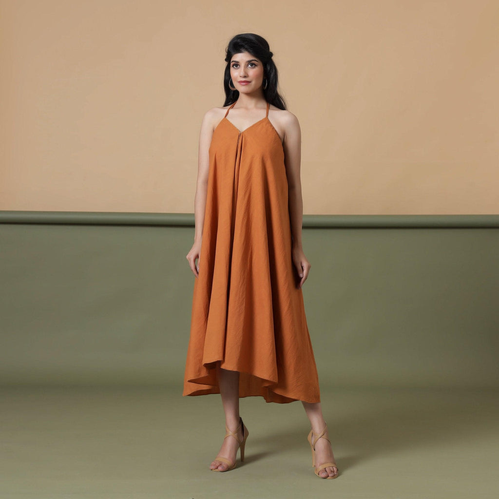 Front View of a Model wearing Convertible 6-Way Rust Sandstone Tie-Dye Cotton Skirt Dress