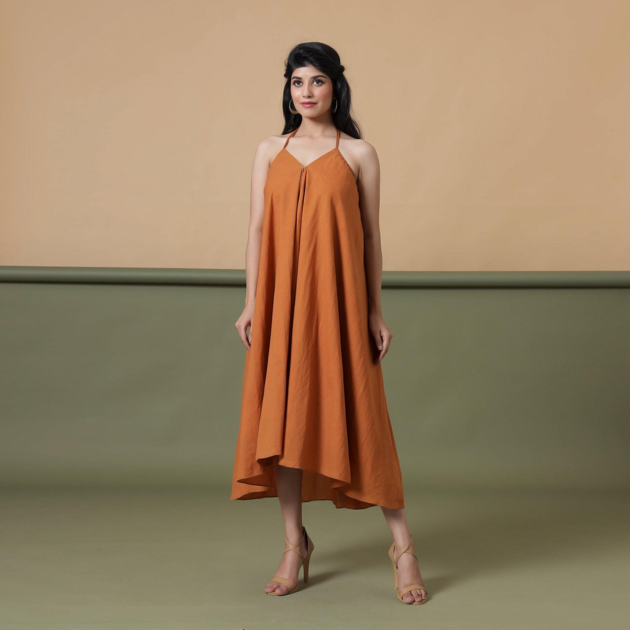 Front View of a Model wearing Convertible 6-Way Rust Sandstone Tie-Dye Cotton Skirt Dress