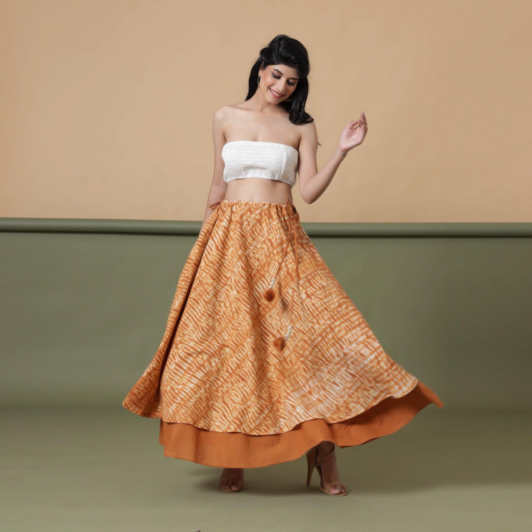 Front View of a Model wearing Convertible 6-Way Rust Sandstone Tie-Dye Cotton Skirt Dress