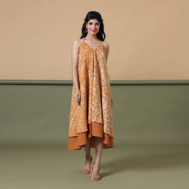 Front View of a Model wearing Convertible 6-Way Rust Sandstone Tie-Dye Cotton Skirt Dress