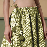 Front Detail of a Model wearing Convertible Olive Green Shibori Tie Dye 6-Way Skirt Dress