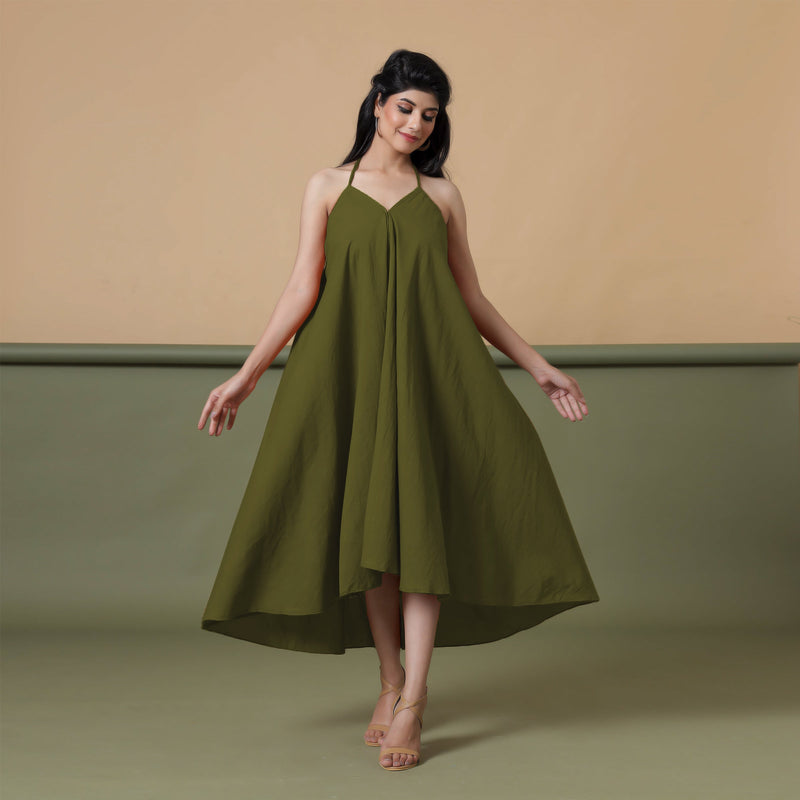 Front View of a Model wearing Convertible Olive Green Shibori Tie Dye 6-Way Skirt Dress