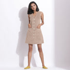 Front View of a Model wearing Cotton Corduroy Dusk Beige Button-Down Dress