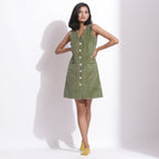 Front View of a Model wearing Green Warm Cotton Corduroy Sleeveless Short Dress