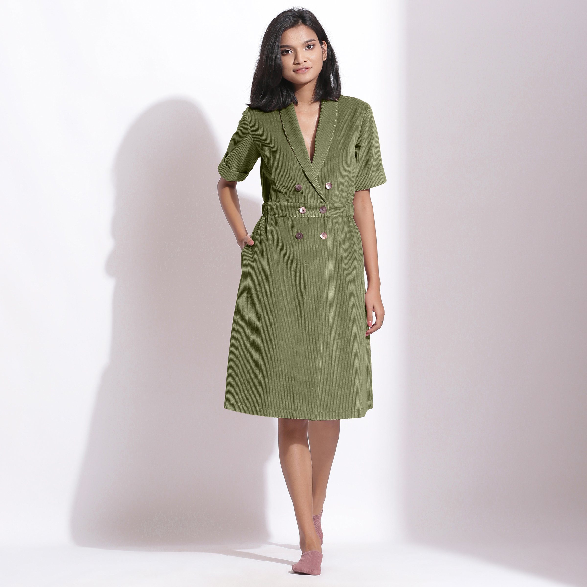 Front View of a Model wearing Cotton Corduroy Sage Green Coat Dress