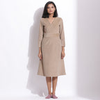 Front View of a Model wearing Taupe Beige Warm Cotton Corduroy Knee Length Dress