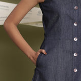 Front Detail of a Model wearing Indigo Cotton Denim Button-Down Mini Shirt Dress