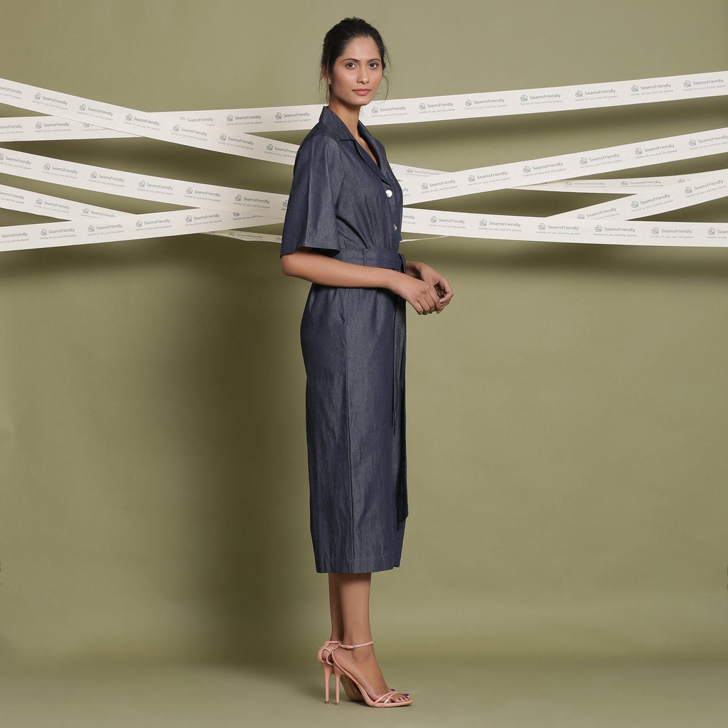 Right View of a Model wearing Cotton Denim Loose Fit Flared Jumpsuit