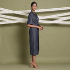 Right View of a Model wearing Cotton Denim Loose Fit Flared Jumpsuit