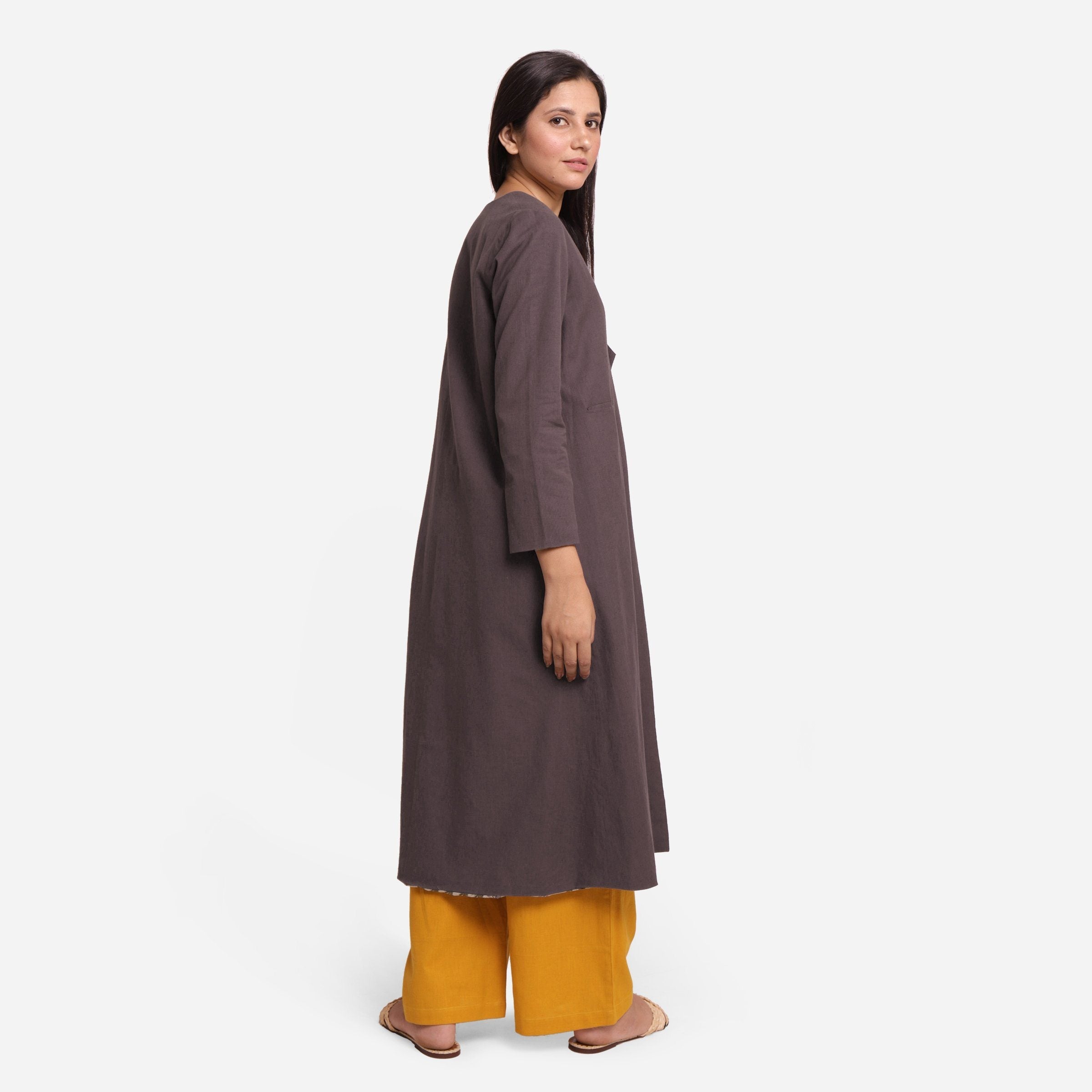 Back View of a Model wearing Cotton Flax Brown A-Line Jacket