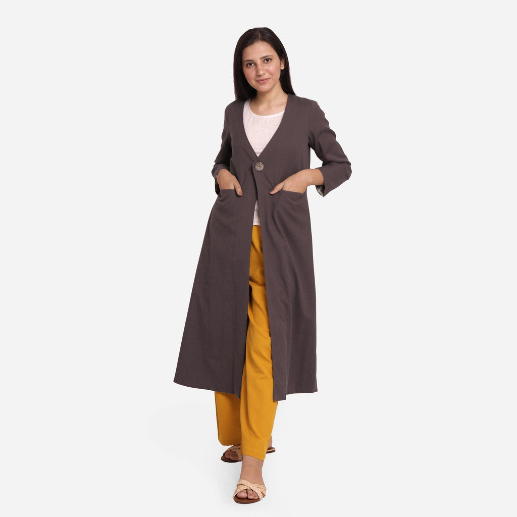 Front View of a Model wearing Cotton Flax Brown A-Line Jacket