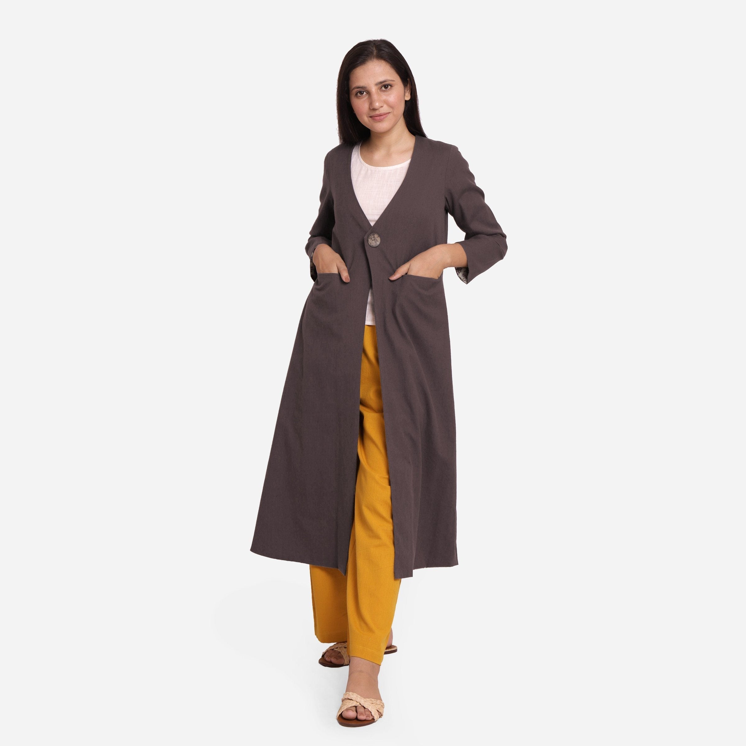 Front View of a Model wearing Cotton Flax Brown A-Line Jacket