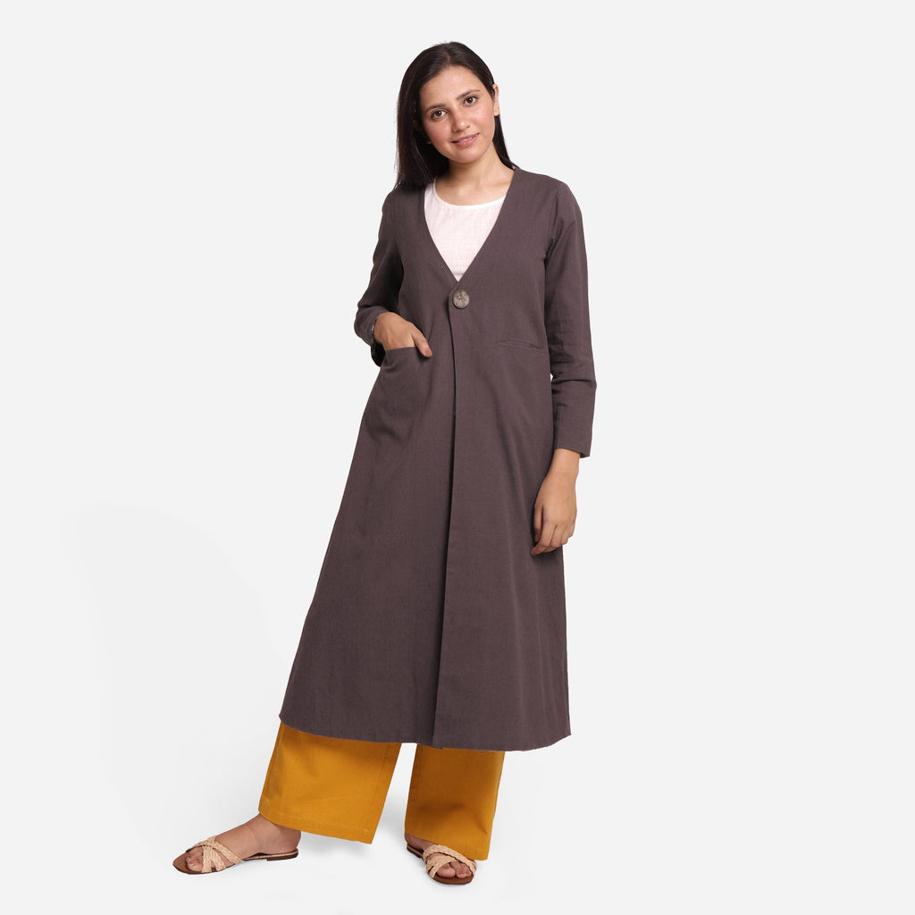 Front View of a Model wearing Cotton Flax Brown A-Line Jacket