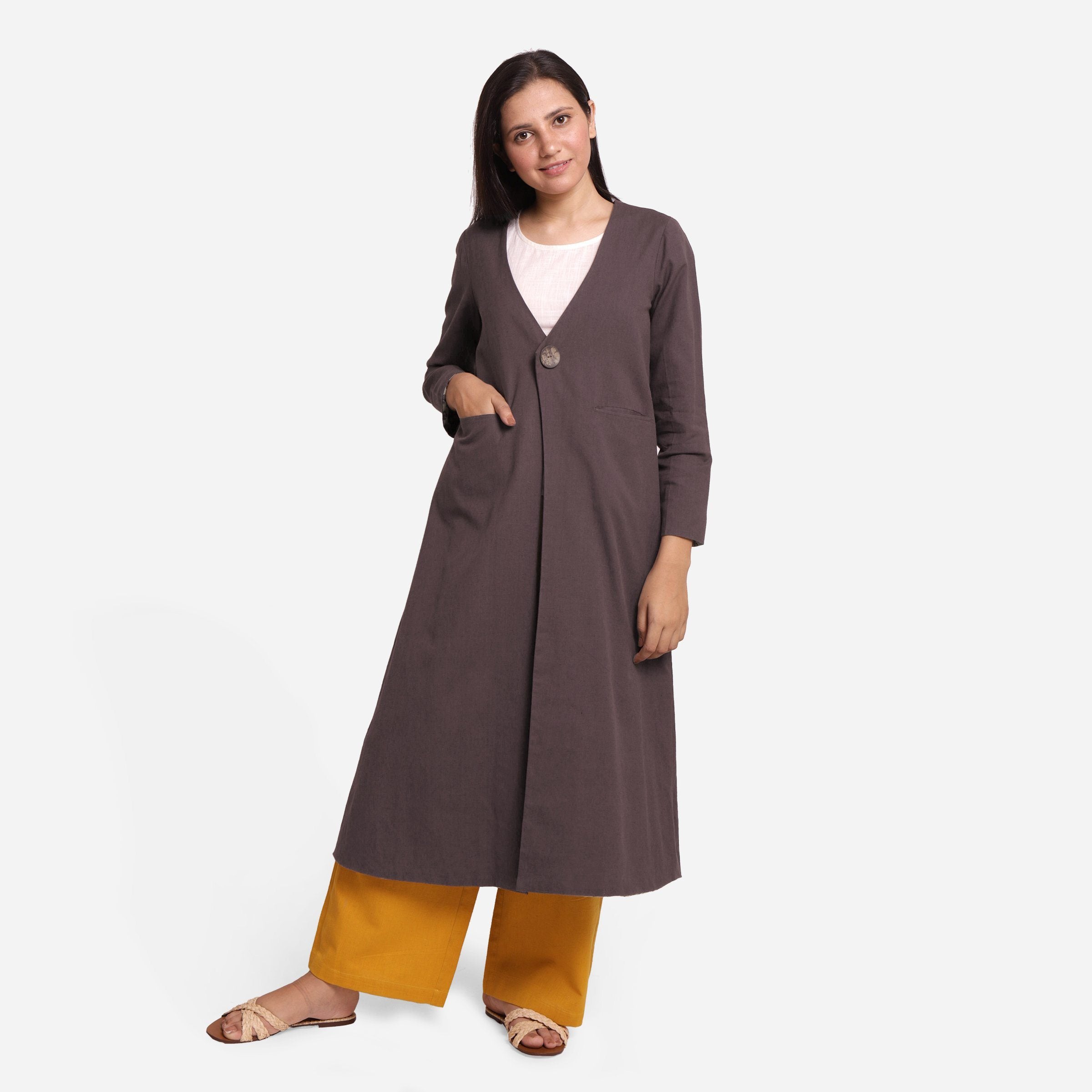 Front View of a Model wearing Cotton Flax Brown A-Line Jacket