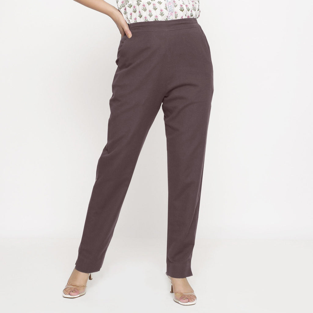 Front View of a Model wearing Cotton Flax Mid-Rise Brown Tapered Pant