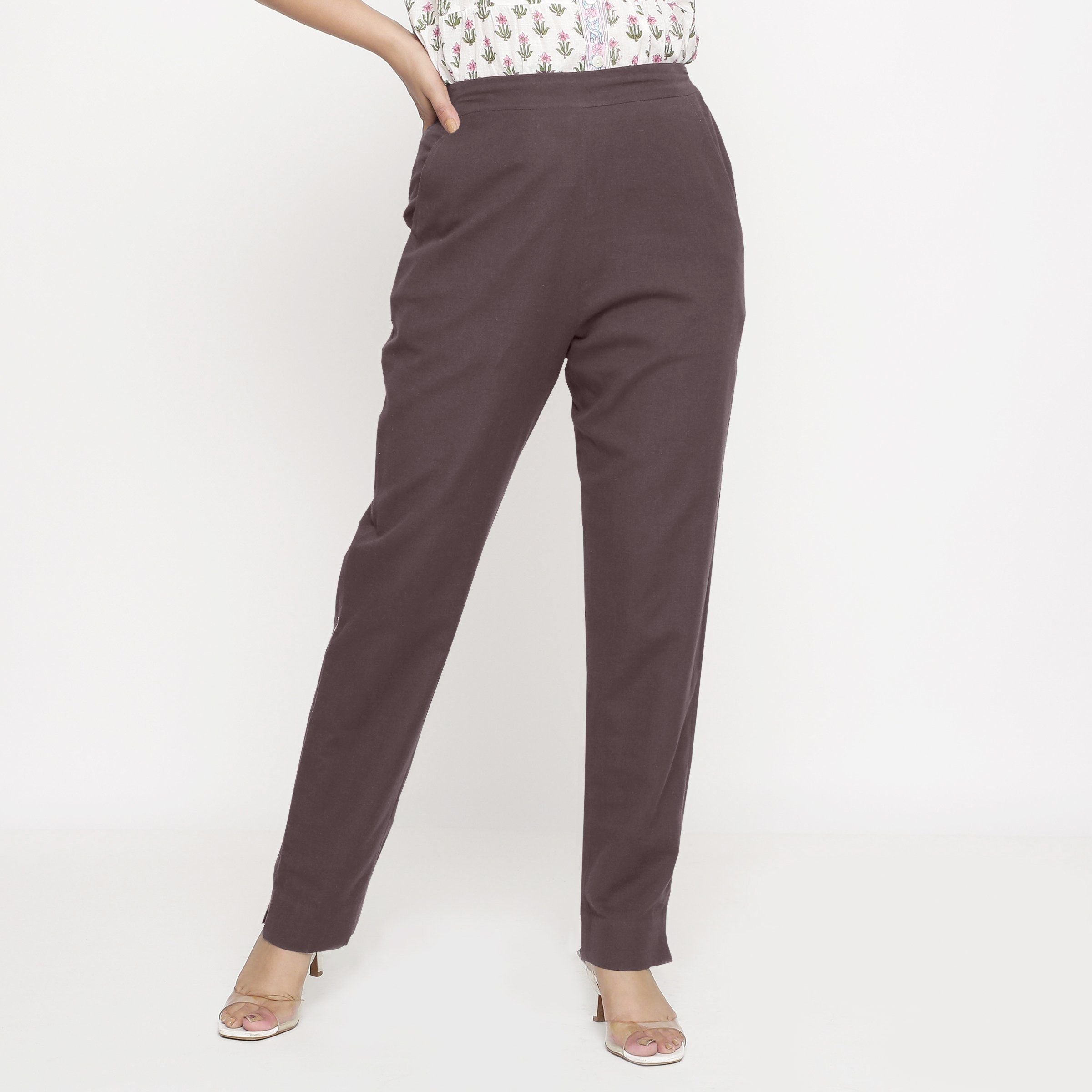 Front View of a Model wearing Cotton Flax Mid-Rise Brown Tapered Pant
