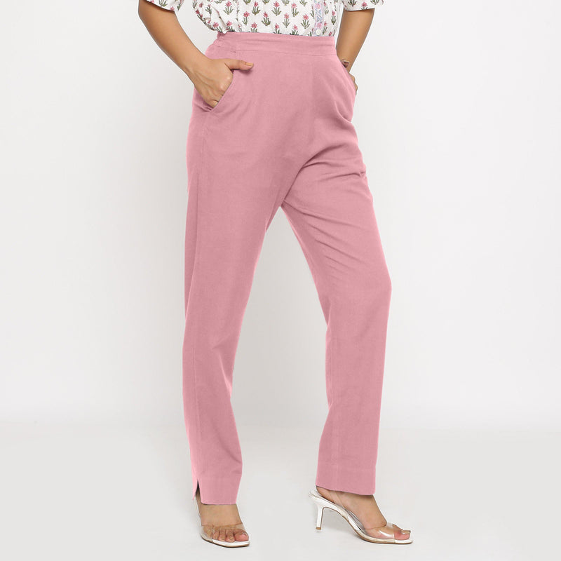 Right View of a Model wearing Cotton Flax Mid-Rise Pink Tapered Pant